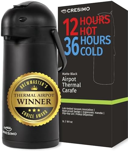 Airpot Coffee Carafe Dispenser with Pump Black 12 Hours Hot Water Retention by Cresimo