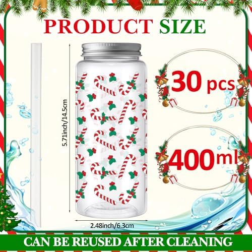Skylety 30 Pcs Christmas Plastic Cups with Lids Straws 13.5 oz - Image 2