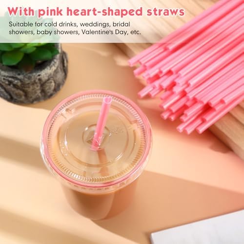 Ziliny 50 Sets 14 oz Pink Plastic Cups with Heart Shaped Straws and Lids - Image 2