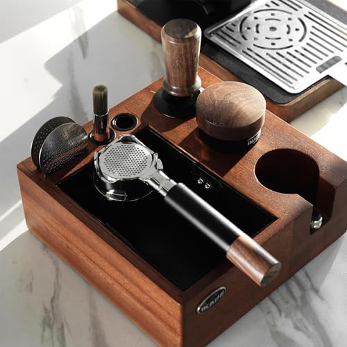 IKAPE V2 Espresso Knock Box, Espresso Coffee Organizer Box Fit for Storage 51mm 53/54mm 58mm Espresso Tamper, Distributor, Portafilter & Puck Screen Accessories, Natural Walnut Station Base (8 IN One) - Image 5