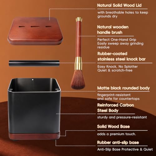 Wooden Espresso Coffee Knock Box with Lid Stainless Steel - Image 3