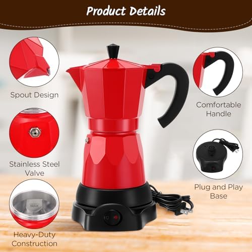 6 Cup Electric Espresso Coffee Maker 300ml Aluminum,Red - Image 4