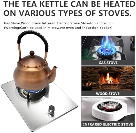 50.7oz Copper Tea Kettle for Stovetop Safe, Chinese Style Non-Coating Pure Copper Teapot with Filter Holes and Tea Ball for Loose Tea, Handmade Solid Metal Tea Pot with Non Slip Handle(1500ml) - Image 3