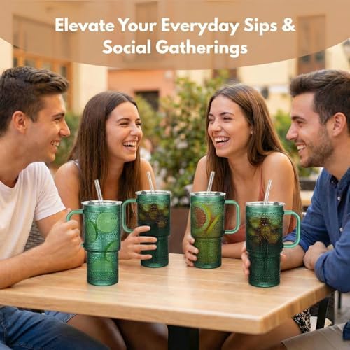 20 oz Green Glass Tumbler with Lid and Straw, Glass Iced Coffee Cups, Spill-proof Glasses Tumbler with Handle, Glasses Drinking Set of 2, Vintage Glassware for Cocktail, Smoothies - Image 6