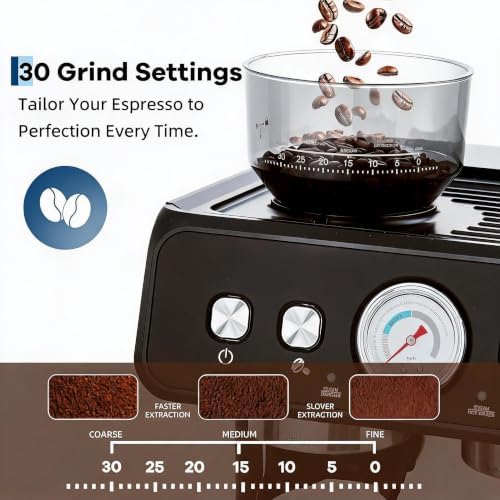 20 Bar Espresso Coffee Machine with Built-in Bean Grinder, 1400W 360° Steam Wand Latte Cappuccino Maker, 30 Grind Levels, Pressure Gauge, Self-Cleaning Stainless Steel Espresso Maker for Home Barista - Image 7