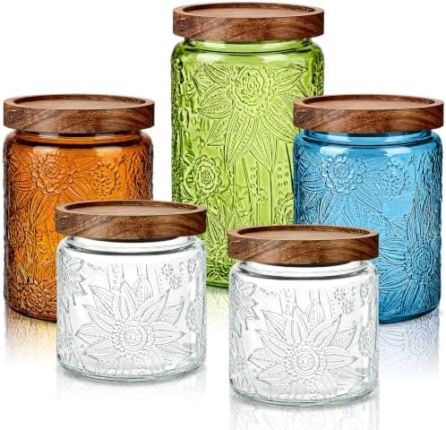 Gerrii Multicolor Sunflower Round 5 Pcs Vintage Glass Food Storage Containers 17/24/34 oz Glass Jar with Lid Airtight Candy Food Canisters for Kitchen Counter Pantry Coffee Beans by Gerrii