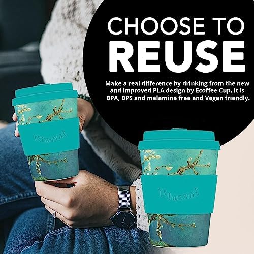 Ecoffee Cup 12oz (350ml) Van Gogh Reusable Coffee Cup – PLA Plant-Based Travel Mug with Silicone Lid, Melamine Free & Dishwasher Safe – Almond Blossom - Image 3