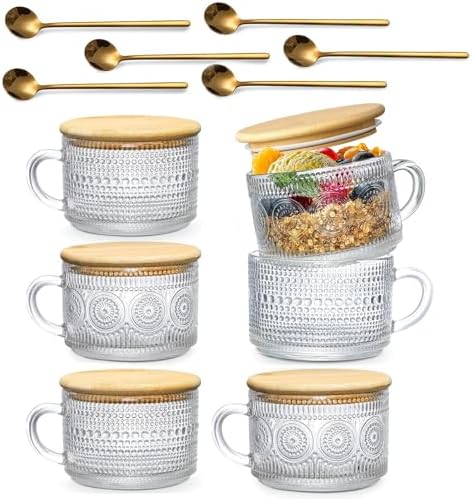 DOPUDO Vintage Glass Coffee Mugs,Overnight Oats Containers With Lids,Glass Cup With Sealed Lid and Spoon,Glass Coffee Mugs,Coffee Bar Accessories,Ideal for Cappuccino, Latte(6-Pack,14oz) by DOPUDO