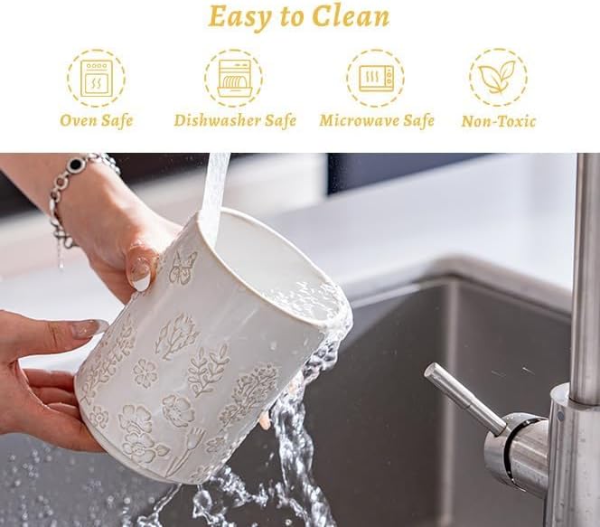 TEATALK Vintage Ceramic Utensil Crock Set, Airtight Lid & Rotating Base for Countertop, Farmhouse Kitchen Organizer, Large and Small Dark Blue Crocks in White Garden Pattern, 7.7"+5.7" - Image 6