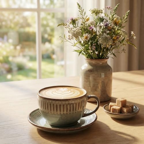 Cappuccino cup with tray, 8.5 oz. Set of 4 Ceramic Coffee Cups and Saucer Set for Latte, latte art cup, suitable for latte/cappuccino/milk/tea - Image 4
