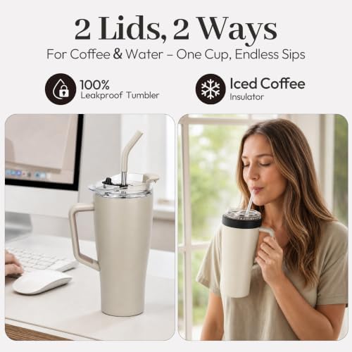 28 oz Iced Coffee Tumbler with Leak-Proof Lid – Stainless Steel Vacuum Insulated Travel Mug & Sleeve, Keeps Drinks Hot or Cold (Cream White) - Image 6