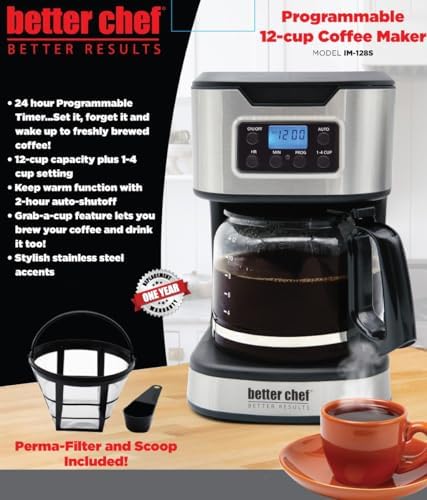 Better Chef Programmable 12-Cup Coffee Maker | 1-4 Cup Setting | Auto-Pause to Serve | 2hr Keep Warm | Perma-Filter | Stainless (Stainless) - Image 2