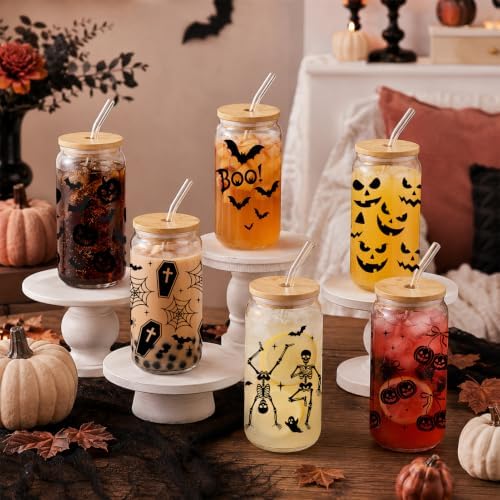 Halloween Glass Cups with Lids and Straws, 6 Pack, 16oz, Black - Image 5
