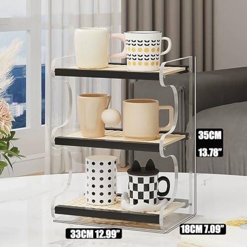 3-Tier Mug Holder Countertop,Wooden Rattan-Look Coffee Station Shelf, Cup Holder Mug Display Rack for Home Kitchen,Black,12.99" - Image 2
