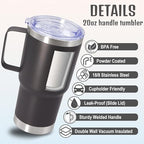 20 oz Tumbler with Handle and Lid Insulated Travel Coffee Mug Grey 12P - Image 3