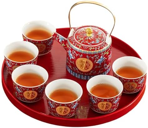 Chinese Tea Set Traditiona, Chinese Wedding Tea Ceremony Set Red Ceramic Double Happiness Decorations with 1 Tea Pot & 6 Tea Cups for Newlyweds and Friends by SUZLAZYR