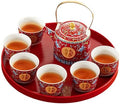Chinese Tea Set Traditiona, Chinese Wedding Tea Ceremony Set Red Ceramic Double Happiness Decorations with 1 Tea Pot & 6 Tea Cups for Newlyweds and Friends by SUZLAZYR