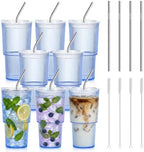 8 Pcs 20oz Acrylic Ribbed Tumblers with Lid and Straws Blue Plastic Reusable Iced Coffee Cups with Lid Unbreakable Vintage Ribbed Drinking Glasses Tumbler for Juice Smoothie Beverage with Clean Brush by SMAODSGN