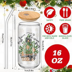 6 Set Christmas Glasses Cups with Bamboo Lid and Glass Straw 16 oz Vintage Christmas Drinking Cup Santa Gingerbread Beer Iced Coffee Cup Xmas Tumbler Mugs for Women Men Holiday Party Gifts - Image 2