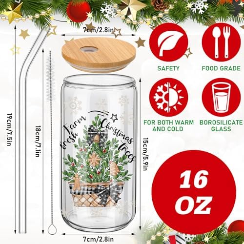 6 Set Christmas Glasses Cups with Bamboo Lid and Glass Straw 16 oz Vintage Christmas Drinking Cup Santa Gingerbread Beer Iced Coffee Cup Xmas Tumbler Mugs for Women Men Holiday Party Gifts - Image 2