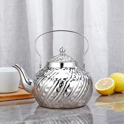 SANQIAHOME 2000ml stainless steel antique style teapot,with Infuser, thickened boiling kettle, lifting handle,Silver - Image 2