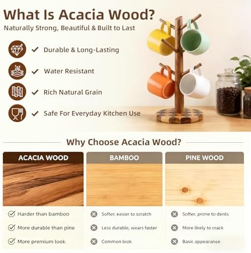 Natural Wood Mug Holder for Counter Top, Acacia Wood Coffee Mug Tree - Image 7