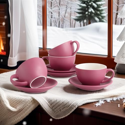 Yundu Matte Purple Cappuccino Cups Set of 4-10oz Ceramic Latte Mugs with Saucers, Elegant Espresso Cups for Coffee & Tea - Image 4