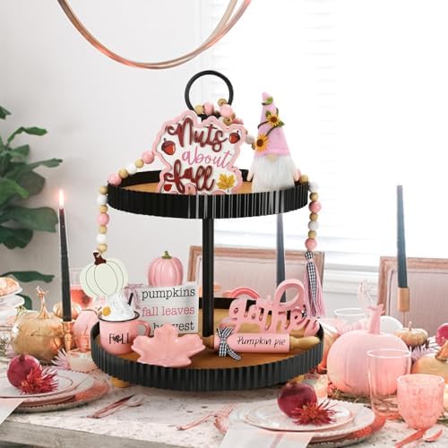 Fall Decorations for Home, 8Pcs Farmhouse Pink Fall Tiered Tray Decor Set - Image 7