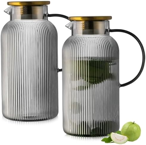Buaic 2 PACK Glass Pitcher with Lid, 68 oz/ 2L Gray Glass Water Pitcher by Buaic