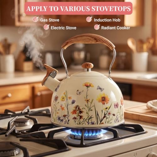 Sylfaen Tea Kettle for Stove Top, 2.5 Quart Floral Whistling Kettle, Beige - Image 6