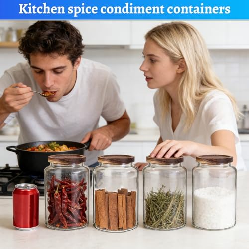 67 oz Glass Food Storage Jar with Wood Lids Spoon Set of 2,Glass Canister Borosilicate Glass Food Containers for Ground Coffee Beans Nut Pasta Sugar Candy Spice Rice Tea (2000ml/67oz-2 Pack) - Image 3