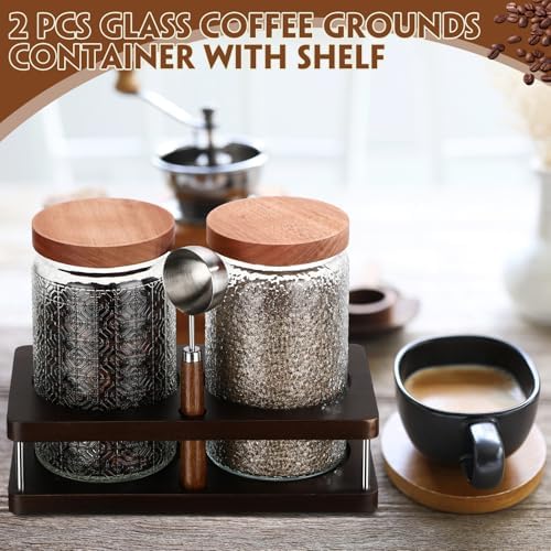 Suclain Glass Coffee Grounds Container with Shelf 2 x 34 oz Glass Coffee Bean Storage Canisters with Airtight Thread Lid and Measuring Spoon Food Storage Jars for Kitchen Sugar(Classic Style) - Image 6