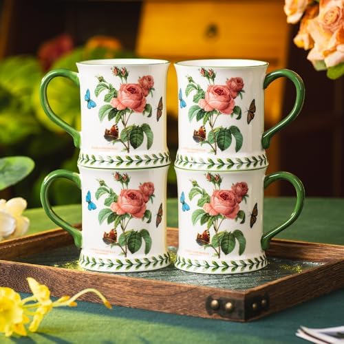 Pastoral Coffee Mug Set of 4-15.2 Oz Large Capacity Porcelain In-Glaze Cups for Tea, Latte, Cocoa - Dishwasher & Microwave Safe, Great Housewarming Gift-Pink Rose - Image 3
