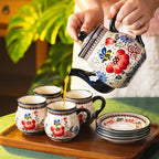 polish pottery style porcelain ceramic 10 piece Tea set,7.2oz tea cup and sauce set of 4,28.2oz teapot and 1wooden tray (Honey Bee Flower) - Image 4