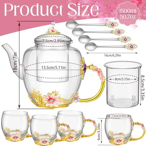 Maxdot 5 Pcs Floral Glass Tea Set, 51 oz Daisy Teapot with Infuser - Image 2