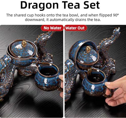 Chinese Gongfu Tea Set - Ceramic 360 Rotating teapot with Infuser, 6Cups, Semi Automatic Dragon Design for Loose Leaf Tea - Image 4