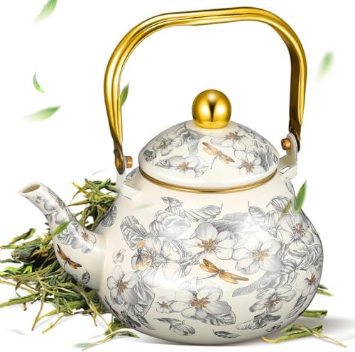 Cabilock 2.1 Quart Vintage Enamel Tea Kettle, Floral Stovetop Teapot with Porcelain Handle, Decorative Enamel Water Kettle for Tea, Coffee, Hot Water, Home Kitchen and Countertop Decor by cabilock