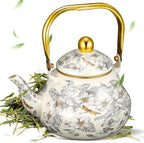 Cabilock 2.1 Quart Vintage Enamel Tea Kettle, Floral Stovetop Teapot with Porcelain Handle, Decorative Enamel Water Kettle for Tea, Coffee, Hot Water, Home Kitchen and Countertop Decor by cabilock