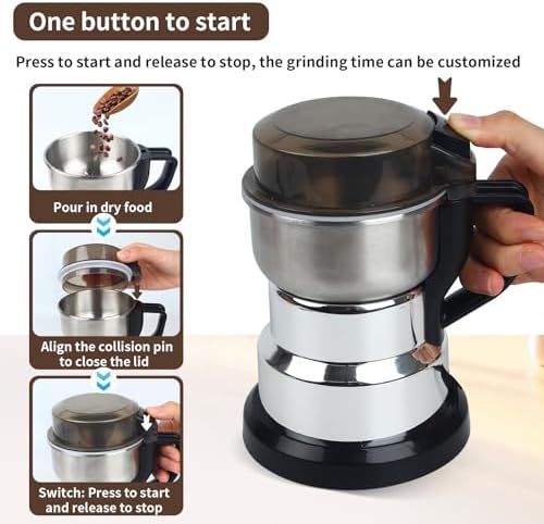Electric Coffee Grinders，150-300w Silver Spice Grinder, One-Button Operation to Grinder Coffee Beans, Spices, Dry Herbs, Nuts, etc.1 Plastic Brush and 1 Plastic Spoon Included - Image 3