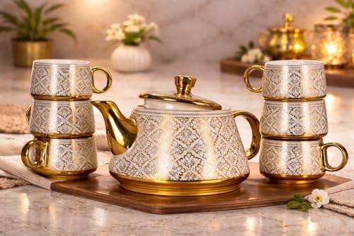 Porcelain Tea Set with 1 Kettle, 6 Piece Tea Cup Set, Aesthetic Classic Teaware Set for Home, Kitchen Decor & Gifting (Oriic Bloomm) - Image 3