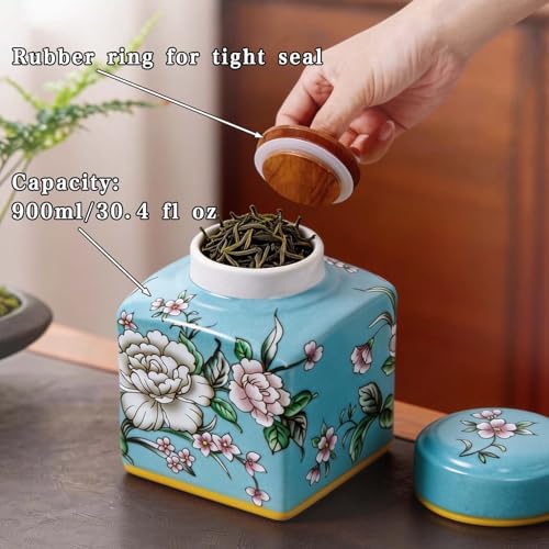 Coffee Bean Storage Canister with Airtight Lid, Decorative Ceramic Tea Jar with Vintage Floral Pattern, Sugar Container & Spice Jar for Kitchen Countertop or Cabinet - Peacock Blue & 30oz - Image 2