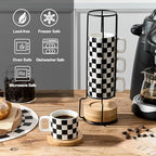 LUKA Porcelain Stackable Black and White Checkered Espresso Cups with Saucers and Metal Stand, 4 Ounce Small Ceramic Demitasse Cups Set for Coffee Drinks, Latte, Tea - Set of 4, White Interior - Image 4