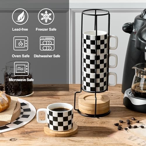 LUKA Porcelain Stackable Black and White Checkered Espresso Cups with Saucers and Metal Stand, 4 Ounce Small Ceramic Demitasse Cups Set for Coffee Drinks, Latte, Tea - Set of 4, White Interior - Image 4
