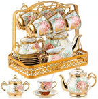 22 Pcs Vintage Porcelain Tea Sets for 6, White Peony Floral by Suttmin