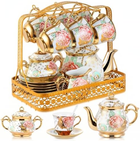 22 Pcs Vintage Porcelain Tea Sets for 6, White Peony Floral by Suttmin