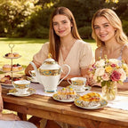 Luxury White & Gold Embossed Tea Cups and Saucers with Teapot, Sugar Bowl, & &Creamer, Vintage European Porcelain Coffee Set for Tea Party, Wedding, Gift (Turquoise&Gold, 17pcs/set) - Image 4