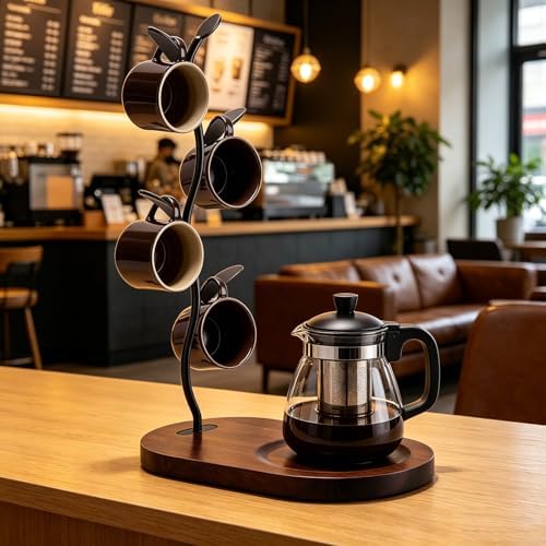 Coffee Mug Tree with Wooden Base, Metal Coffee Cup Holder for Countertop, Coffee Mug Stand for Kitchen Counter, Mug Rack Display for Counter Top Kitchen Organizer with 4 Hooks,Black - Image 4