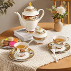 Luxury White & Gold Embossed Tea Cups and Saucers with Teapot, Sugar Bowl, & &Creamer, Vintage European Porcelain Coffee Set for Tea Party, Wedding, Gift (Red&Gold, 17pcs/set) - Image 3