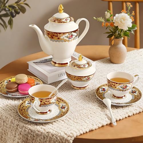 Luxury White & Gold Embossed Tea Cups and Saucers with Teapot, Sugar Bowl, & &Creamer, Vintage European Porcelain Coffee Set for Tea Party, Wedding, Gift (Red&Gold, 17pcs/set) - Image 3