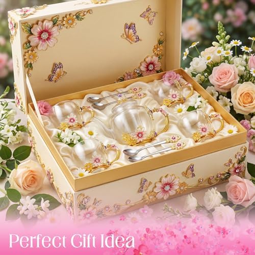 Maxdot 5 Pcs Floral Glass Tea Set, 51 oz Daisy Teapot with Infuser - Image 6
